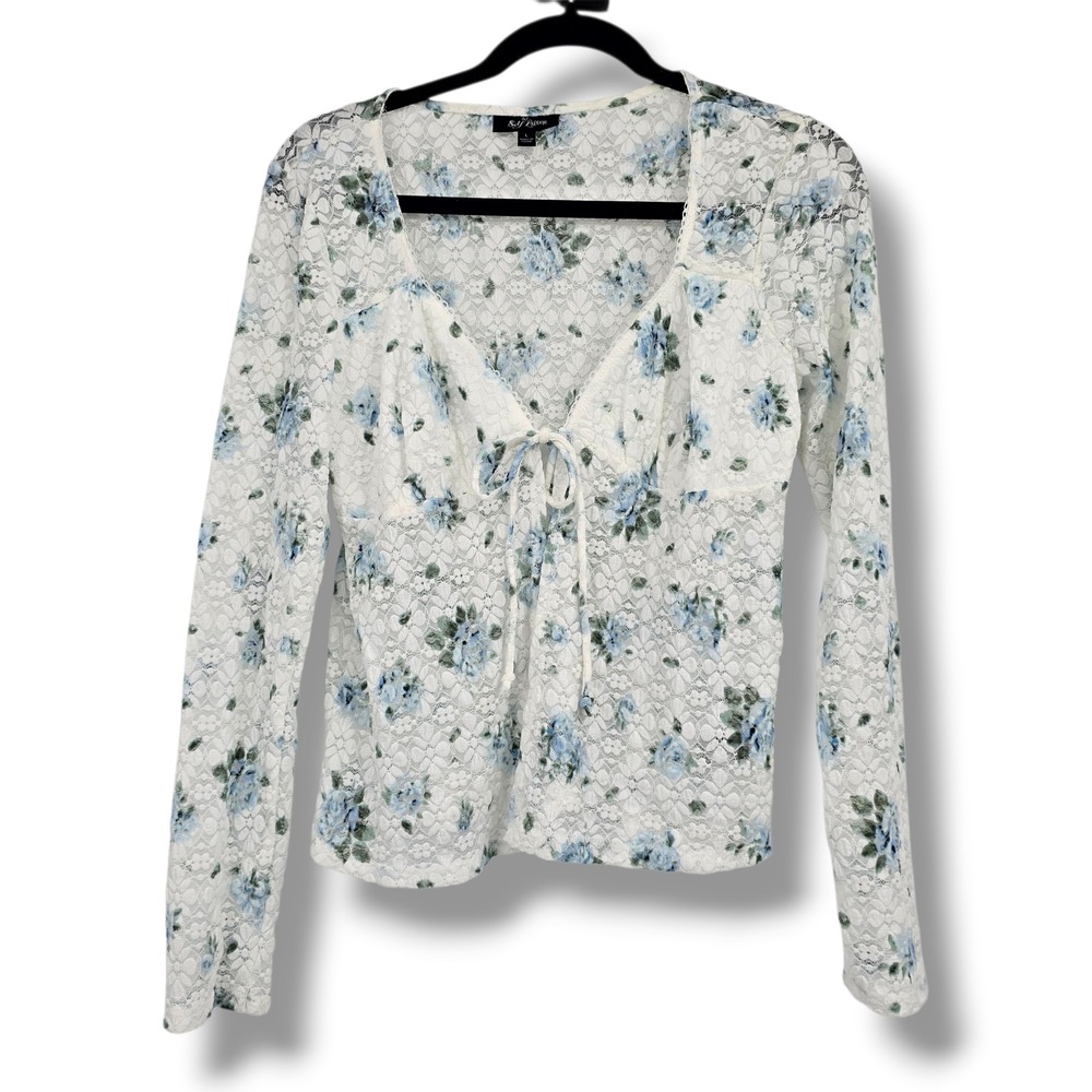 Self Esteem Women Blue Floral White Lace Long Sleeve Tie Front V-Neck Top Large